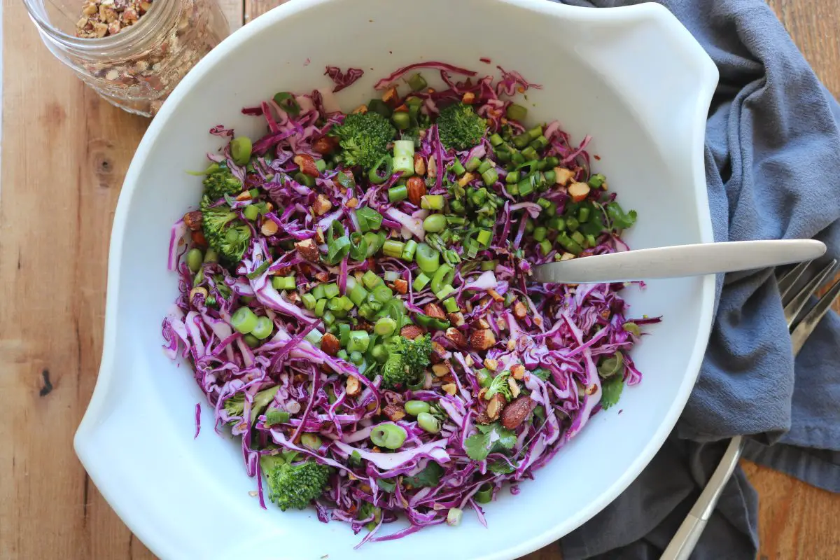 Edamame, Asparagus, Broccoli, Cabbage Salad with Sesame Dressing